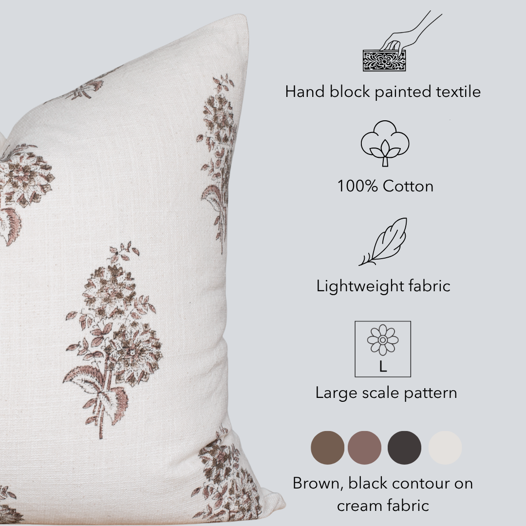 Marisol Floral Block Printed Pillow Cover Brown