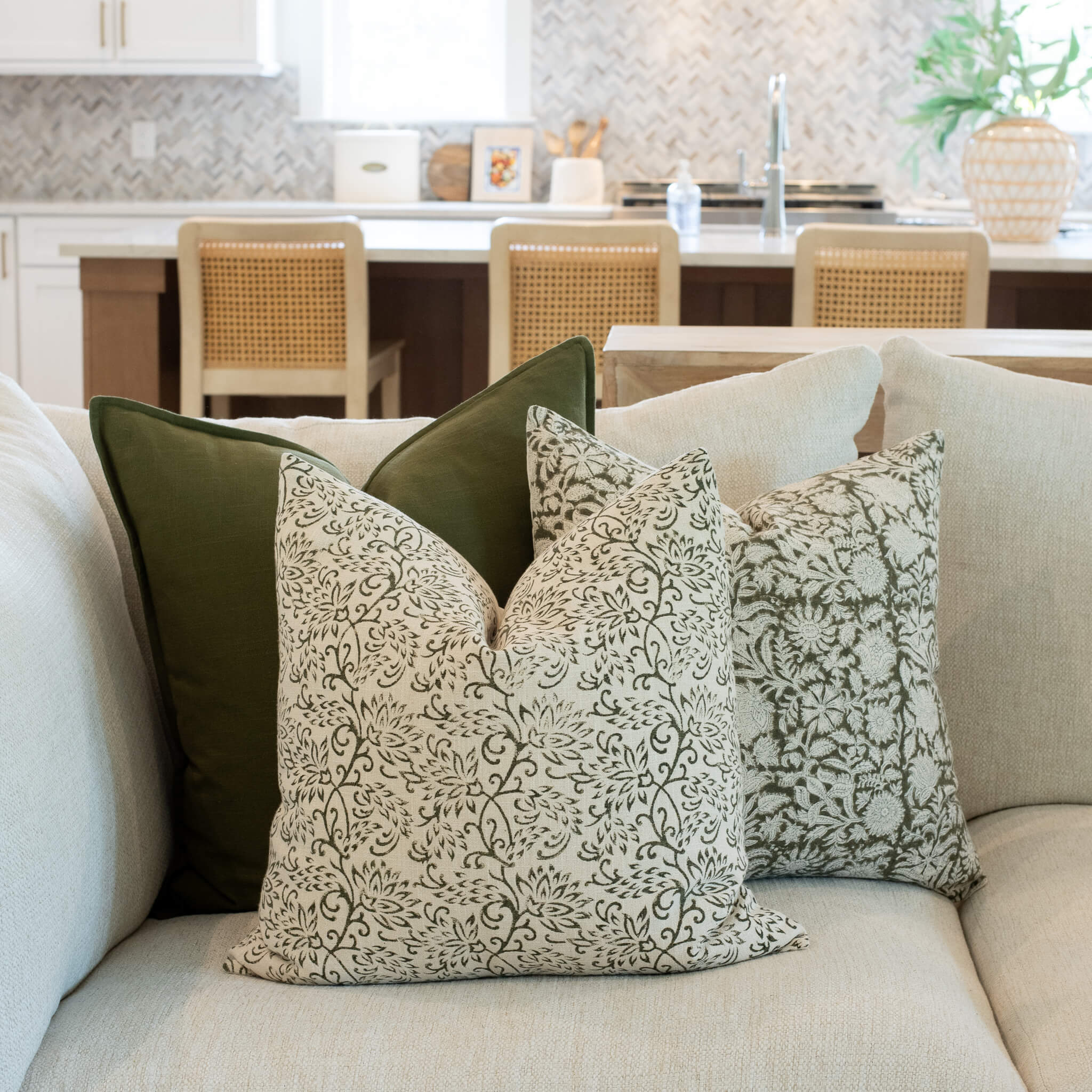 Everly Floral Block Printed Pillow Cover Olive Green