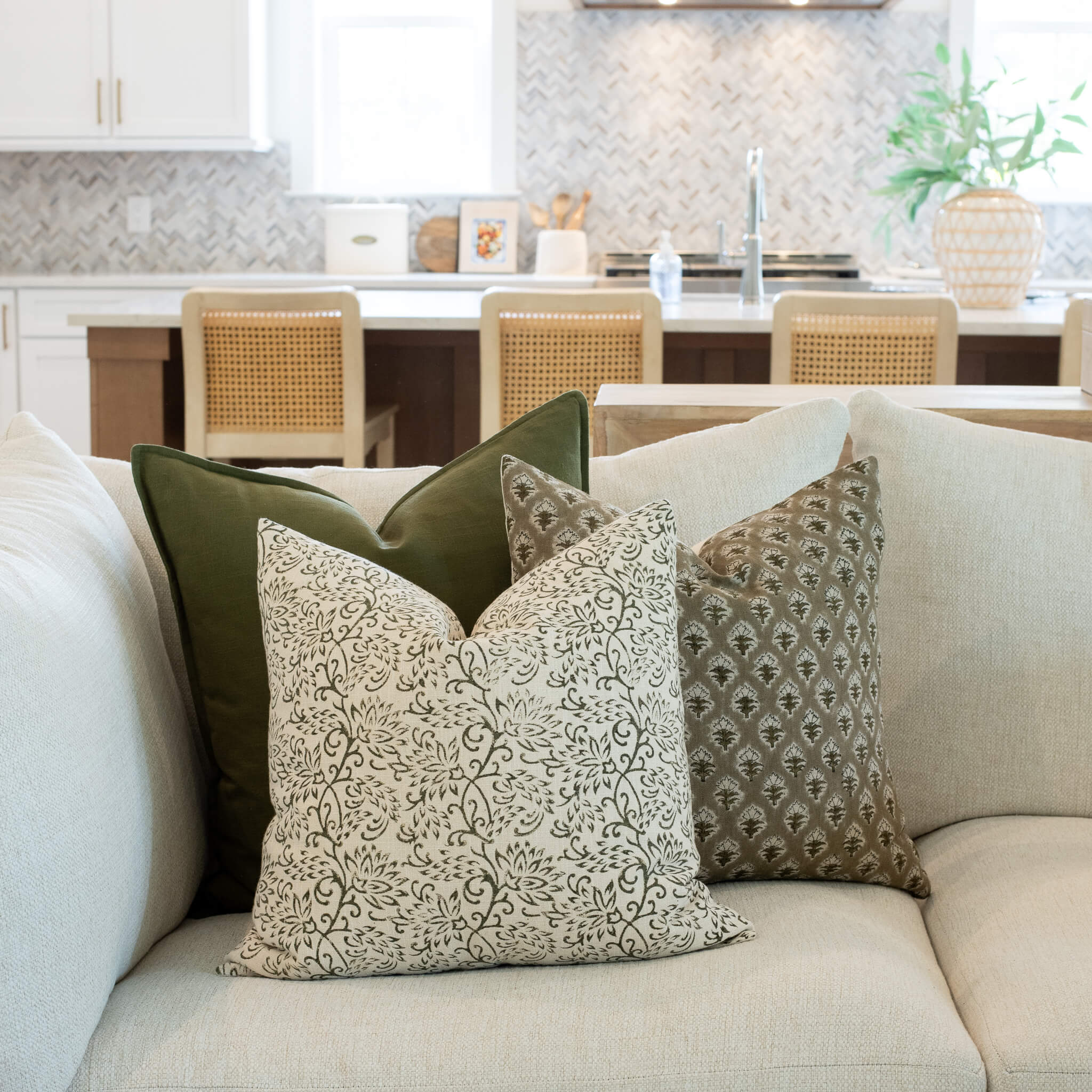 Everly Floral Block Printed Pillow Cover Olive Green