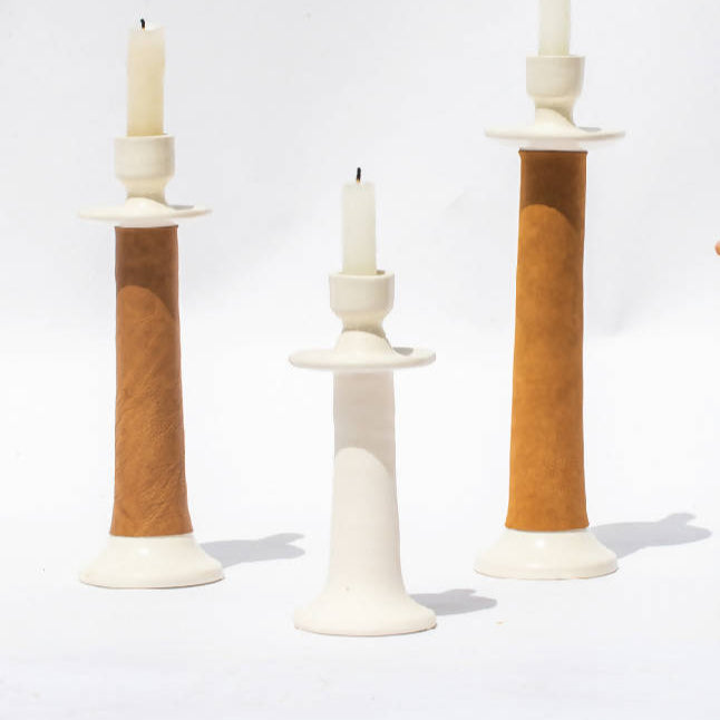 Leather Wrapped Ceramic Candle Holder