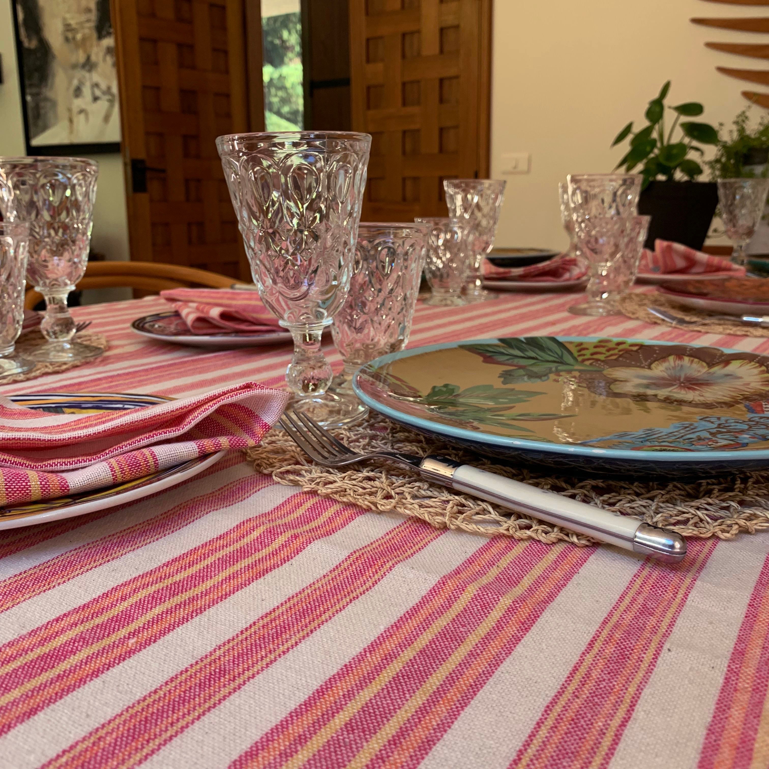 Sustainable Andana Striped Tablecloth Set - Magenta